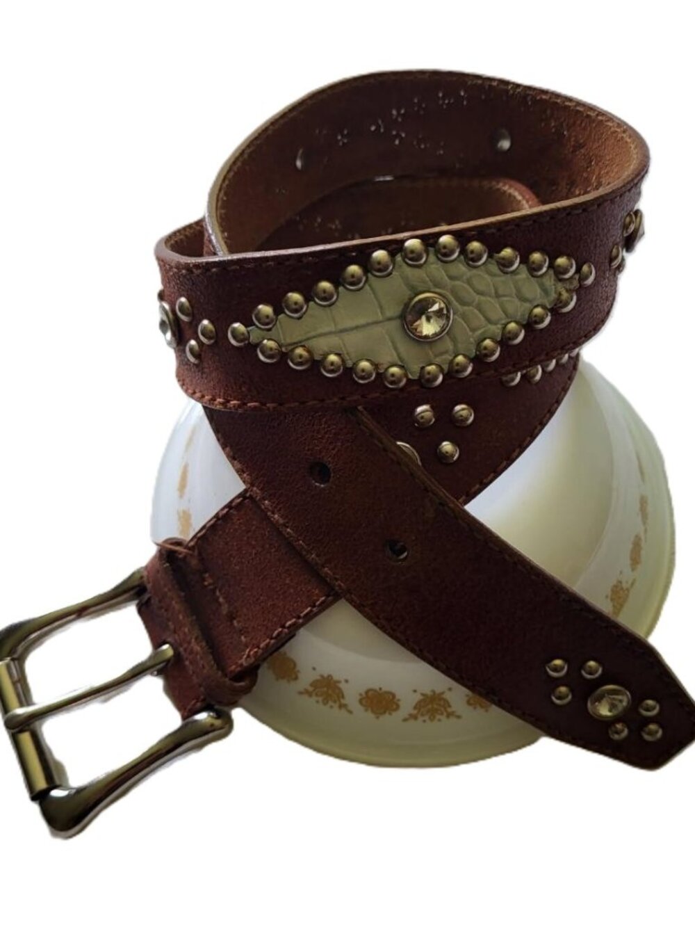 GUESS Genuine Brown Leather Studded Western Belt, Rhinestone, 31-35"